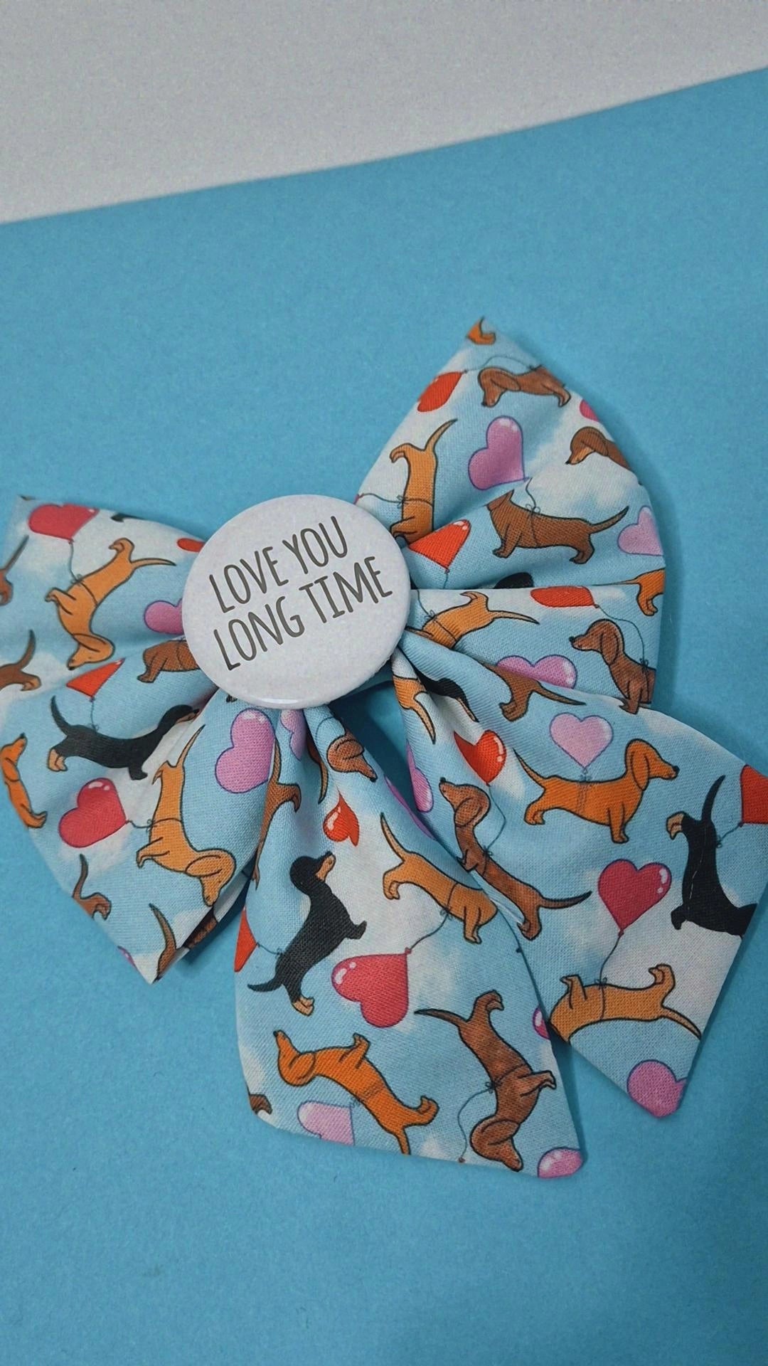 Dachshund love slogan/ embroidered sailor bow