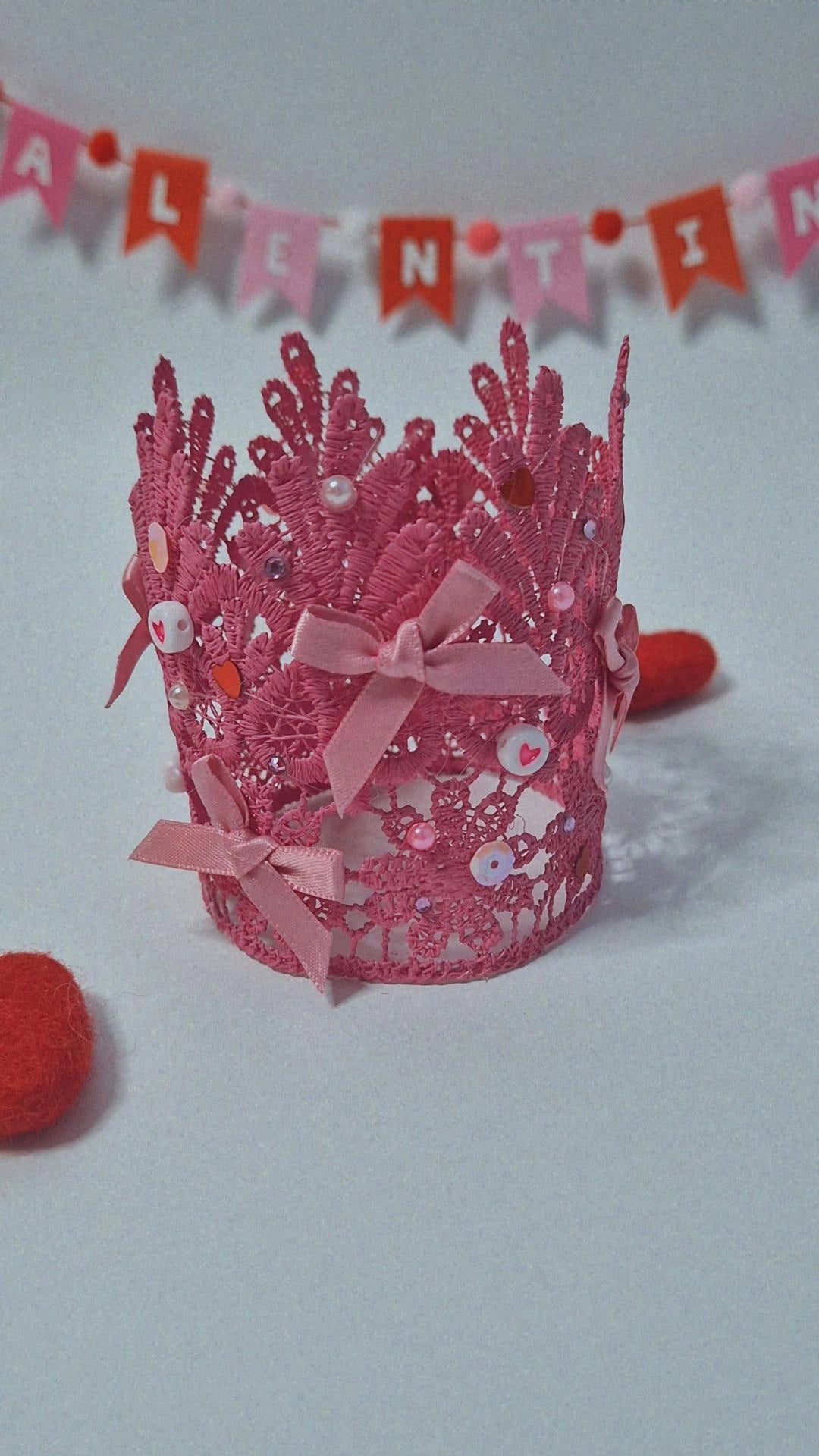 Luxury lace pink bow crown (one available)